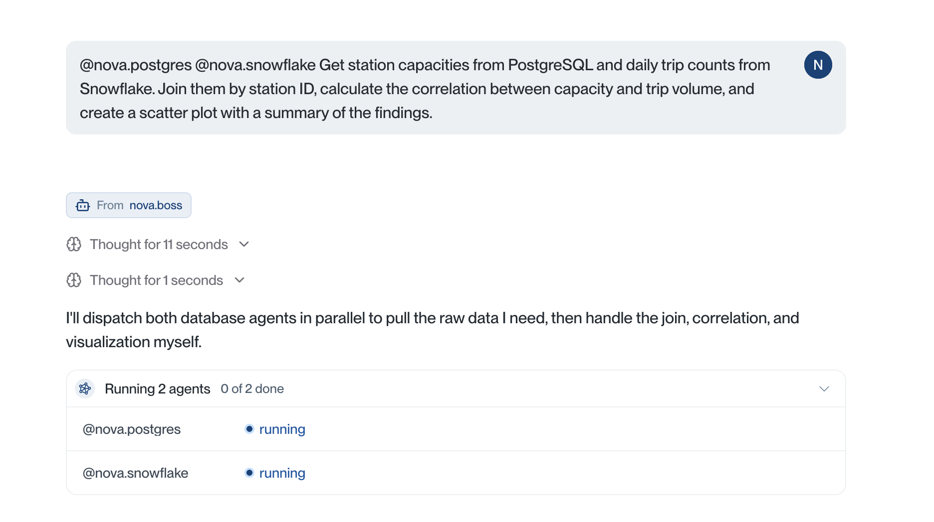 Nova Boss running PostgreSQL and Snowflake agents in parallel, with the expanded progress panel showing 0 of 2 done and both agents running