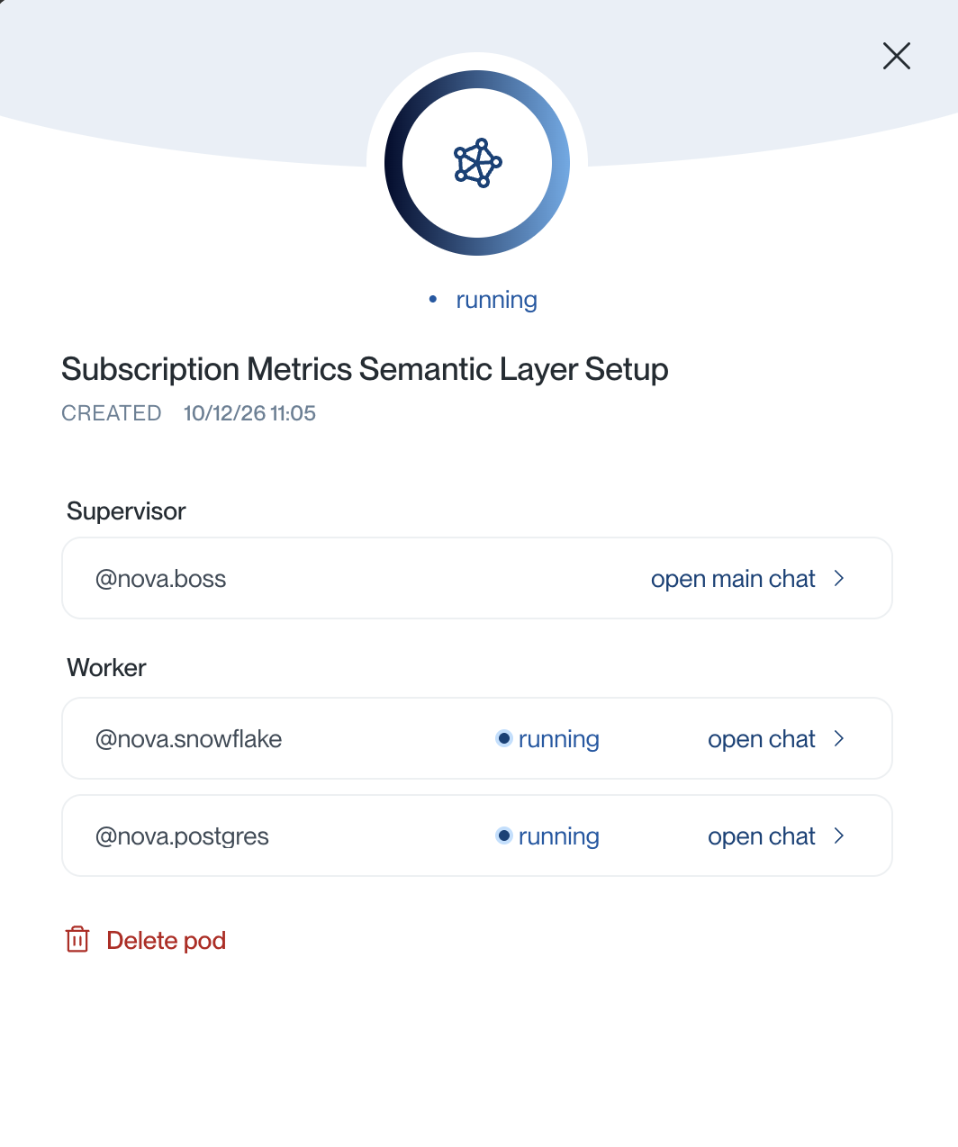 Pod details showing Nova Boss as supervisor and Snowflake and PostgreSQL agents running, with links to their chats