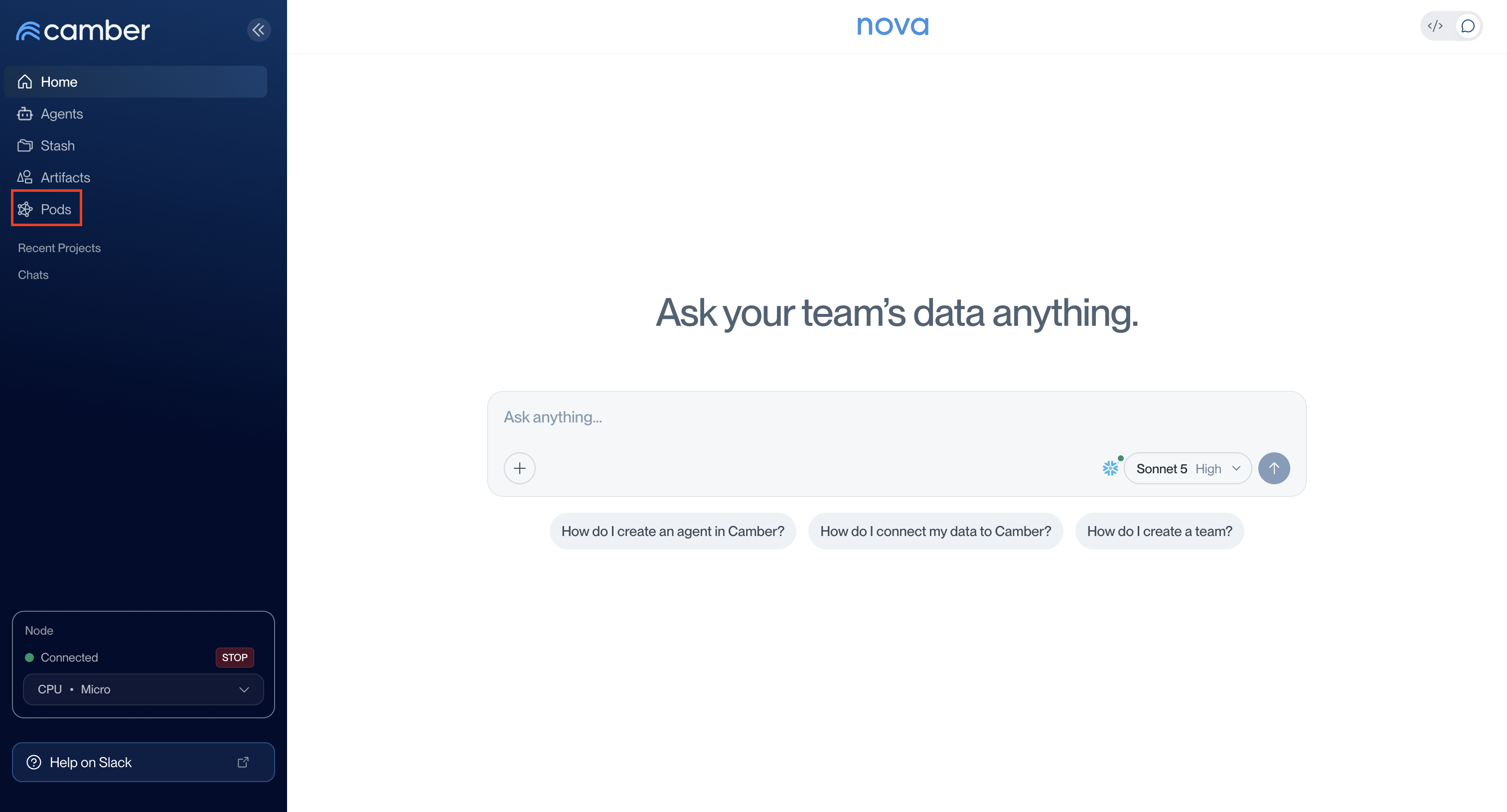 Camber home page with Pods highlighted in the sidebar