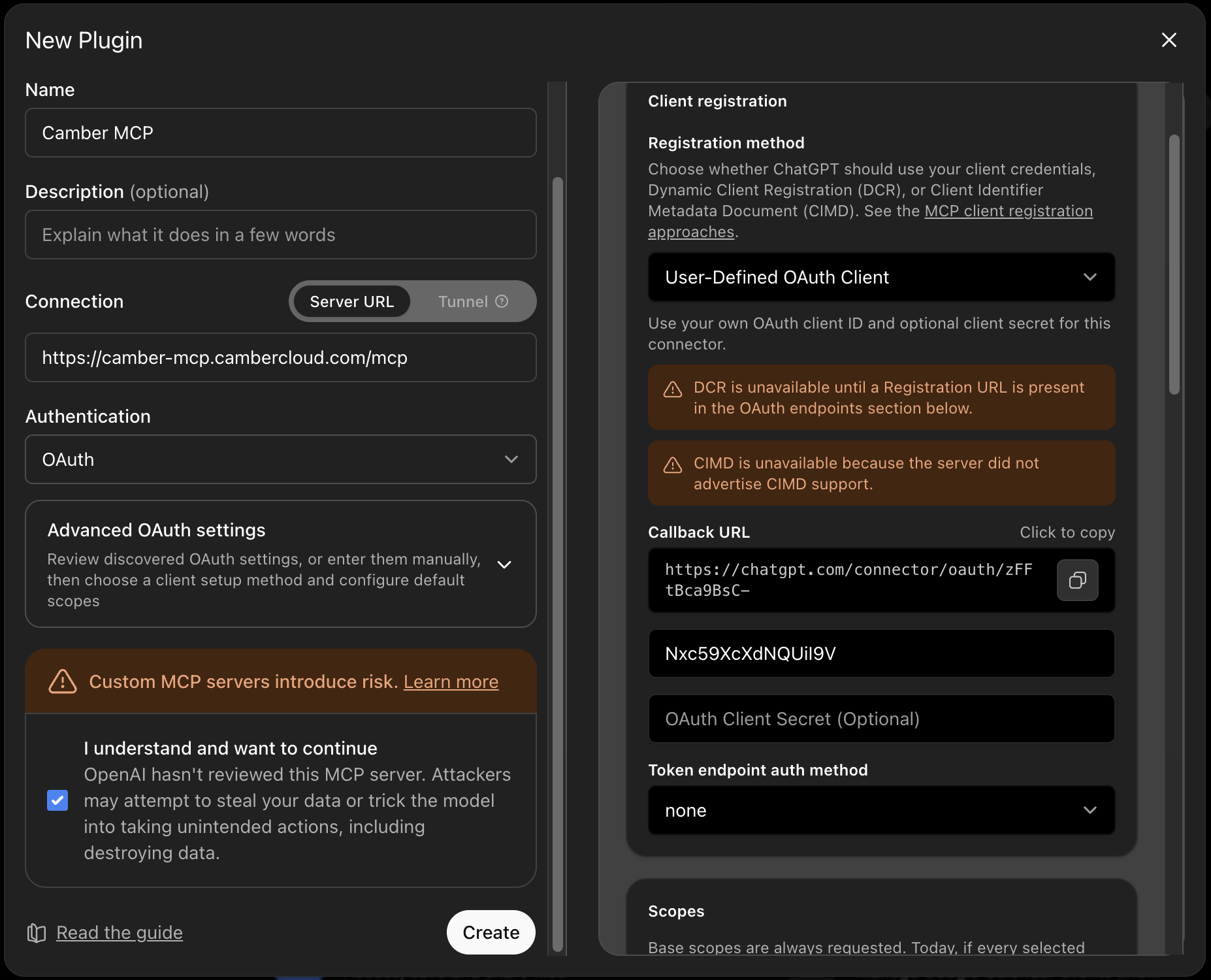 ChatGPT New Plugin window set up for Camber MCP with OAuth and the Client ID filled in