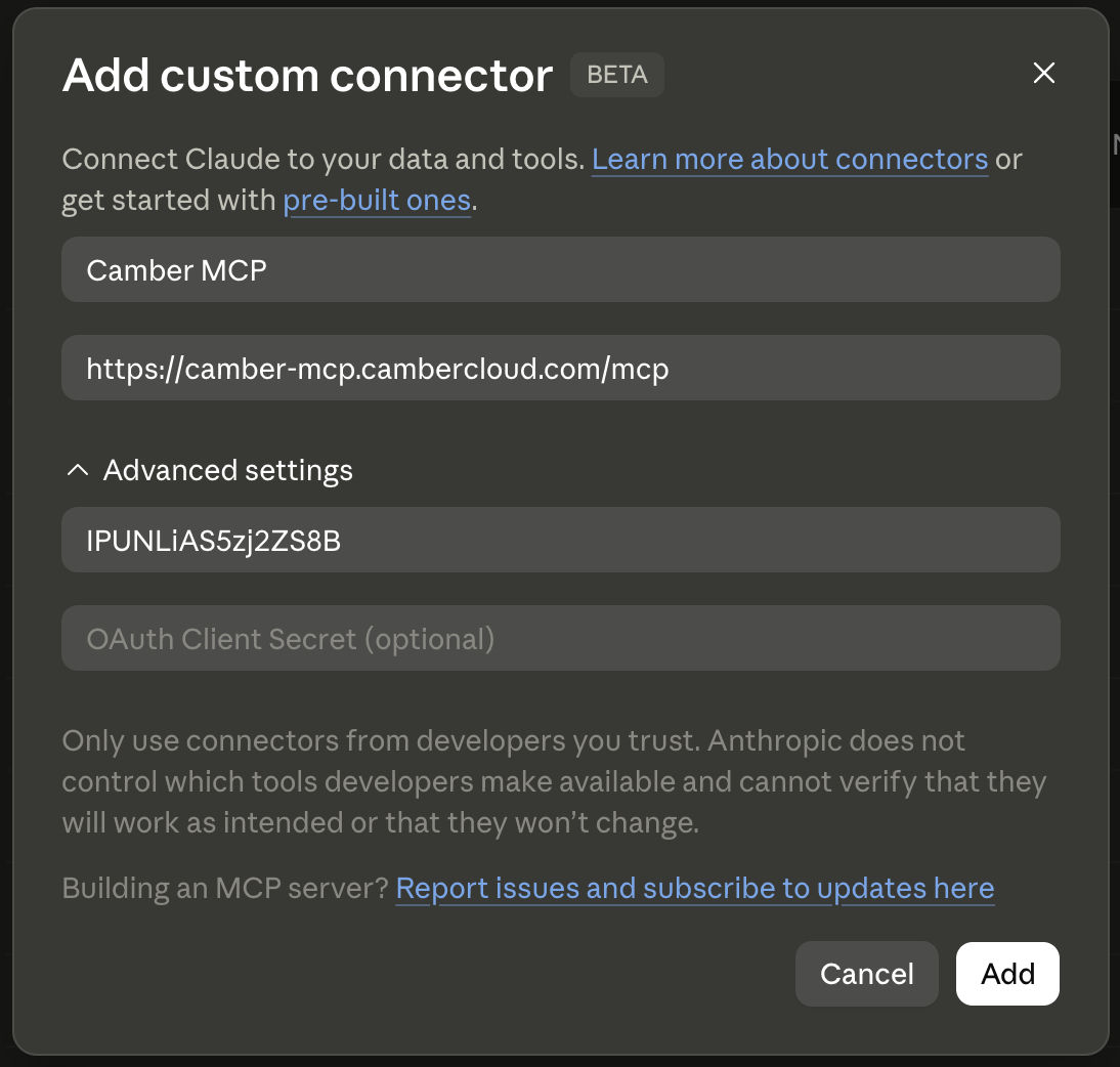 Claude Add custom connector window with the Camber MCP URL and Client ID filled in