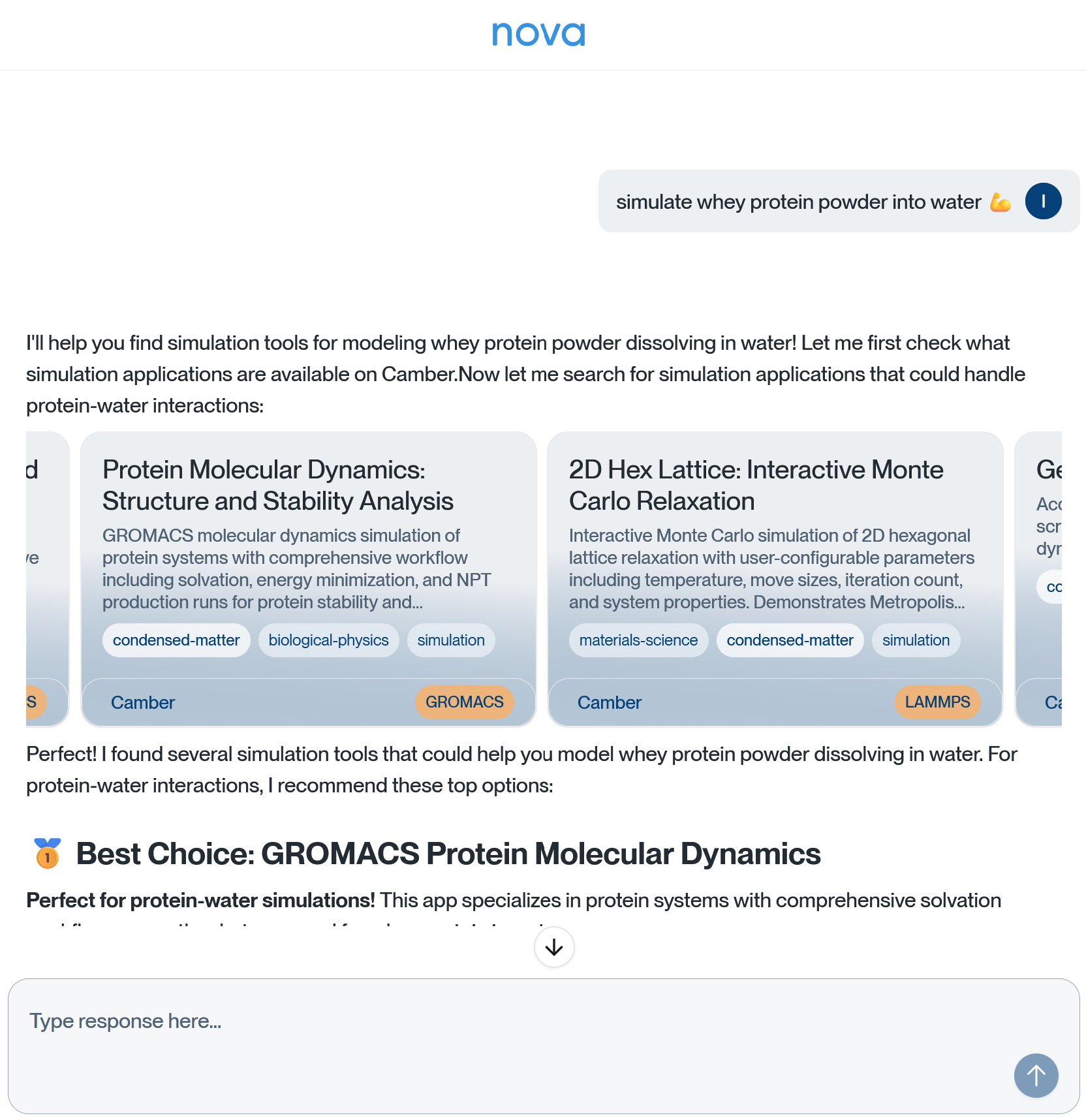 Nova app discovery for whey protein simulation
