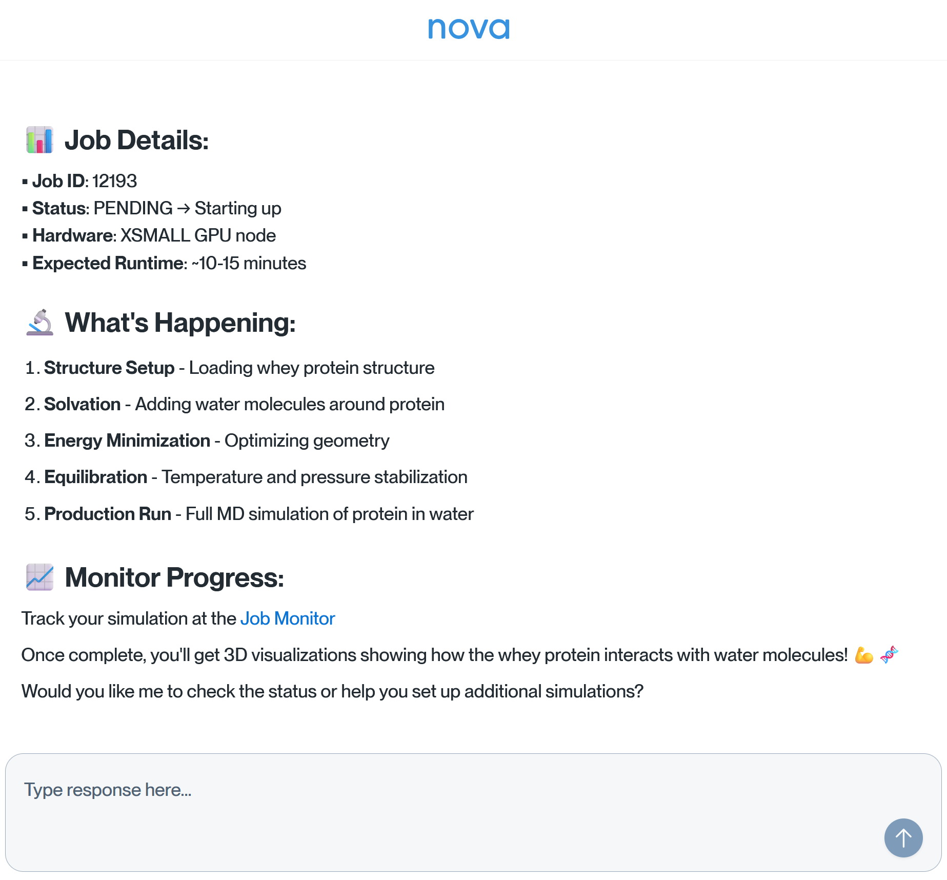 Nova job execution showing whey protein simulation status