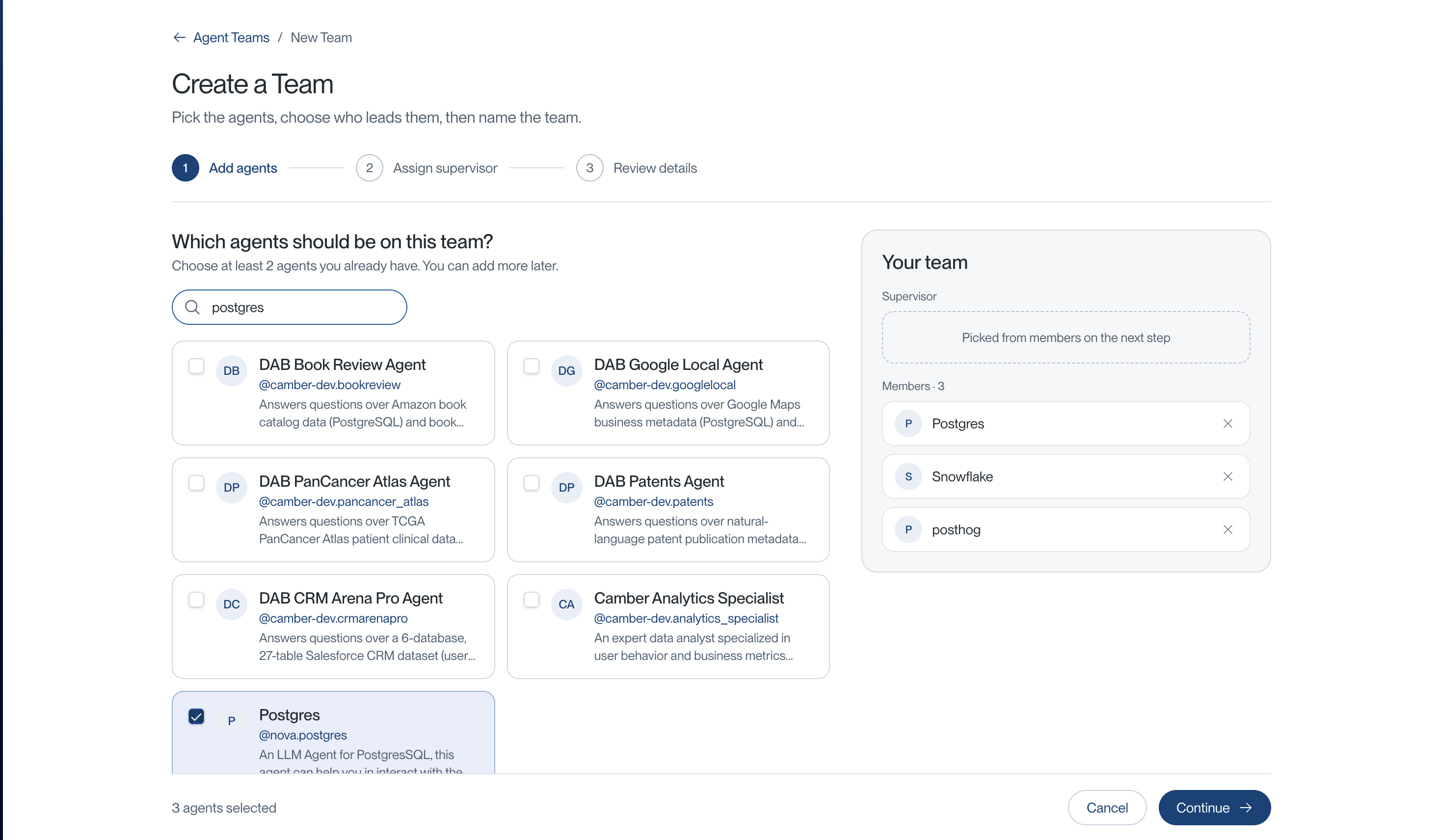 Add agents step with selected agents listed in the Your team panel