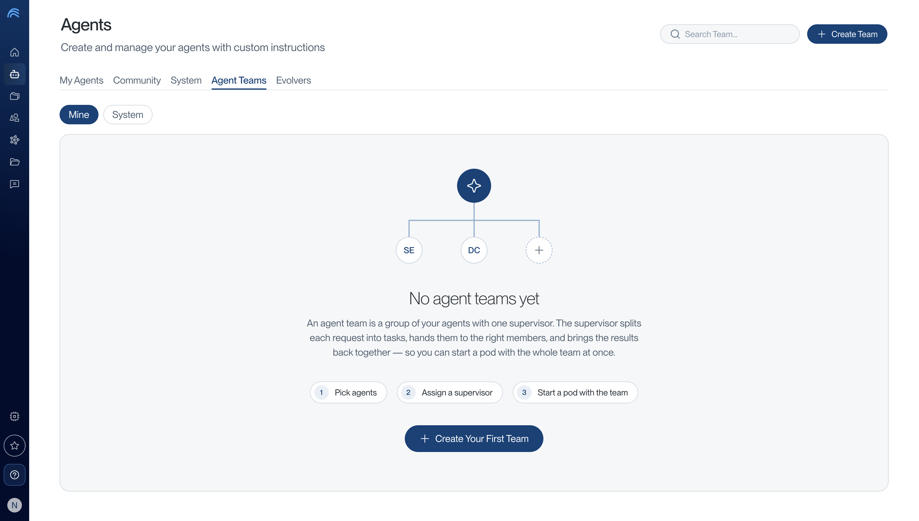 Agents page with the Agent Teams tab selected and the Create Your First Team button