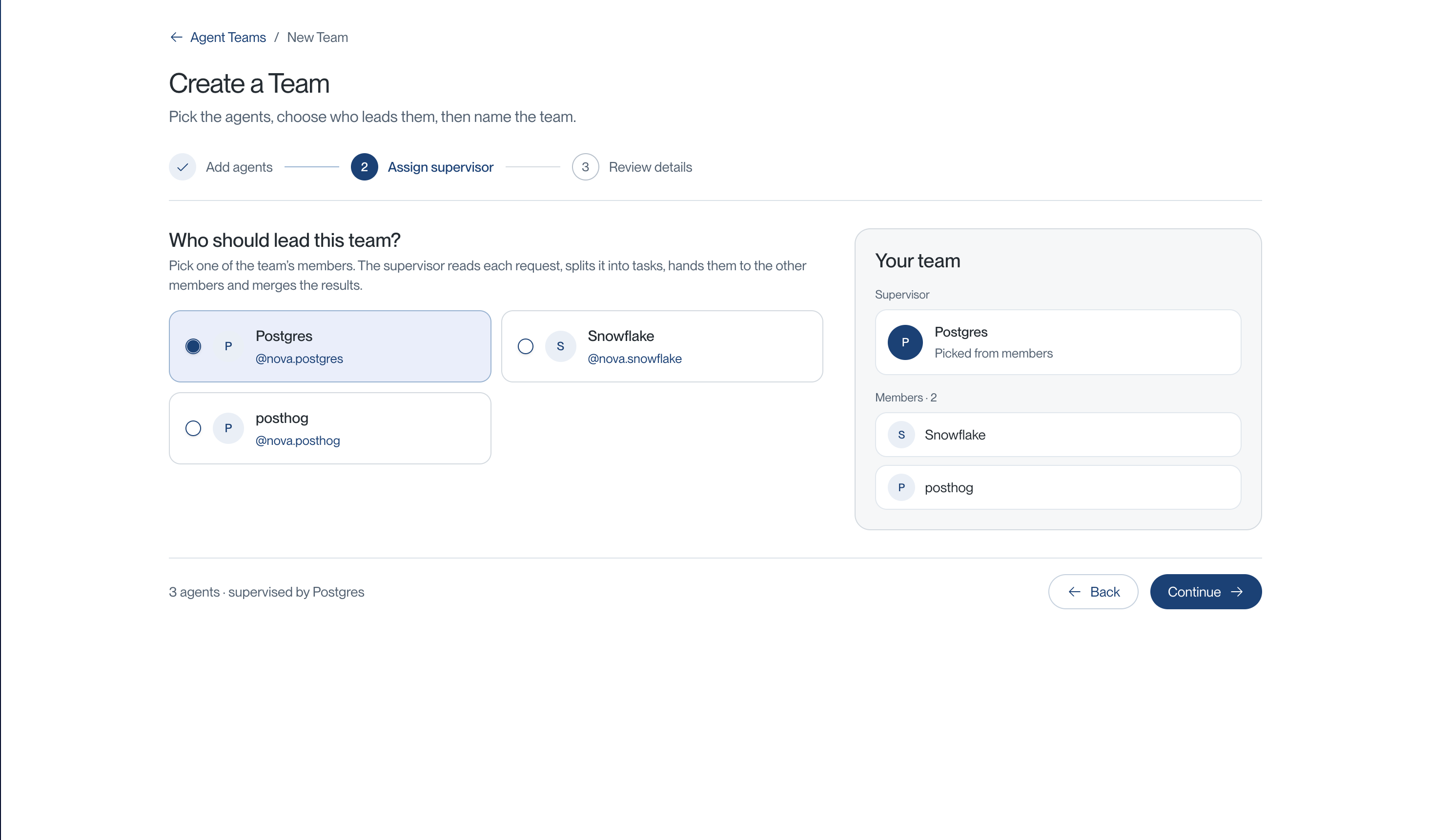 Assign supervisor step showing the selected supervisor and remaining members