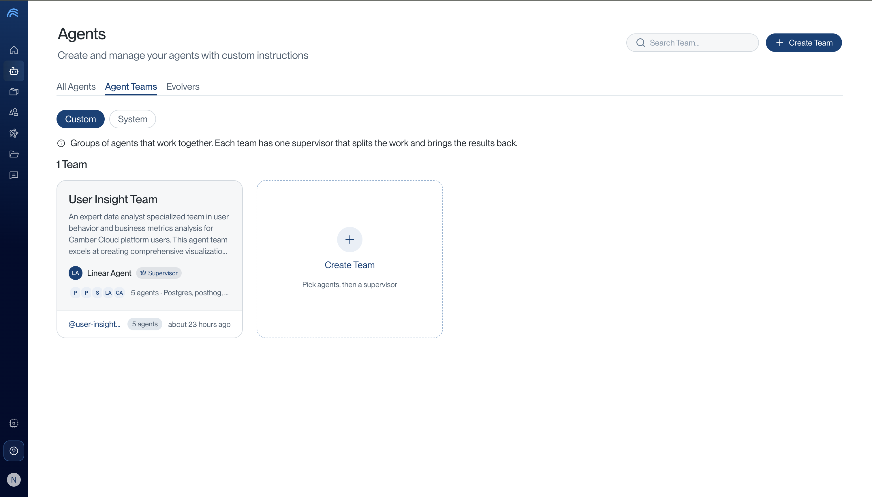 Agent Teams list with Custom selected, showing a saved team card with its supervisor, description, and agent count