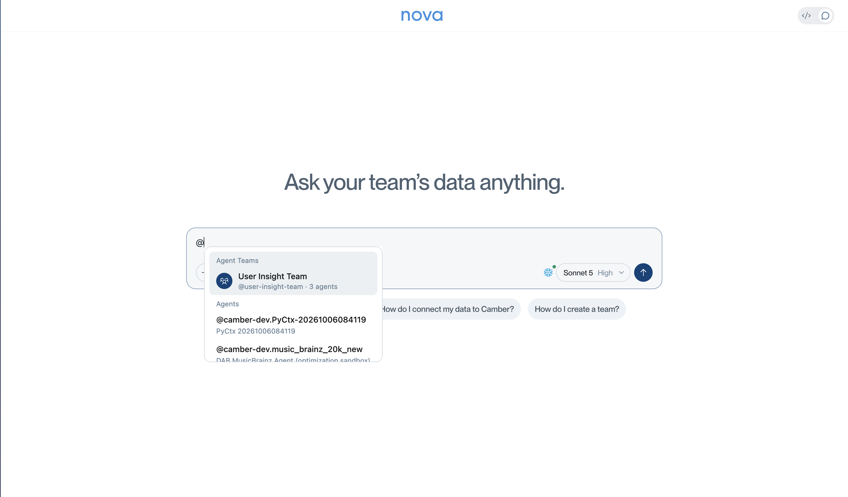 Nova chat mention picker showing an available team under Agent Teams