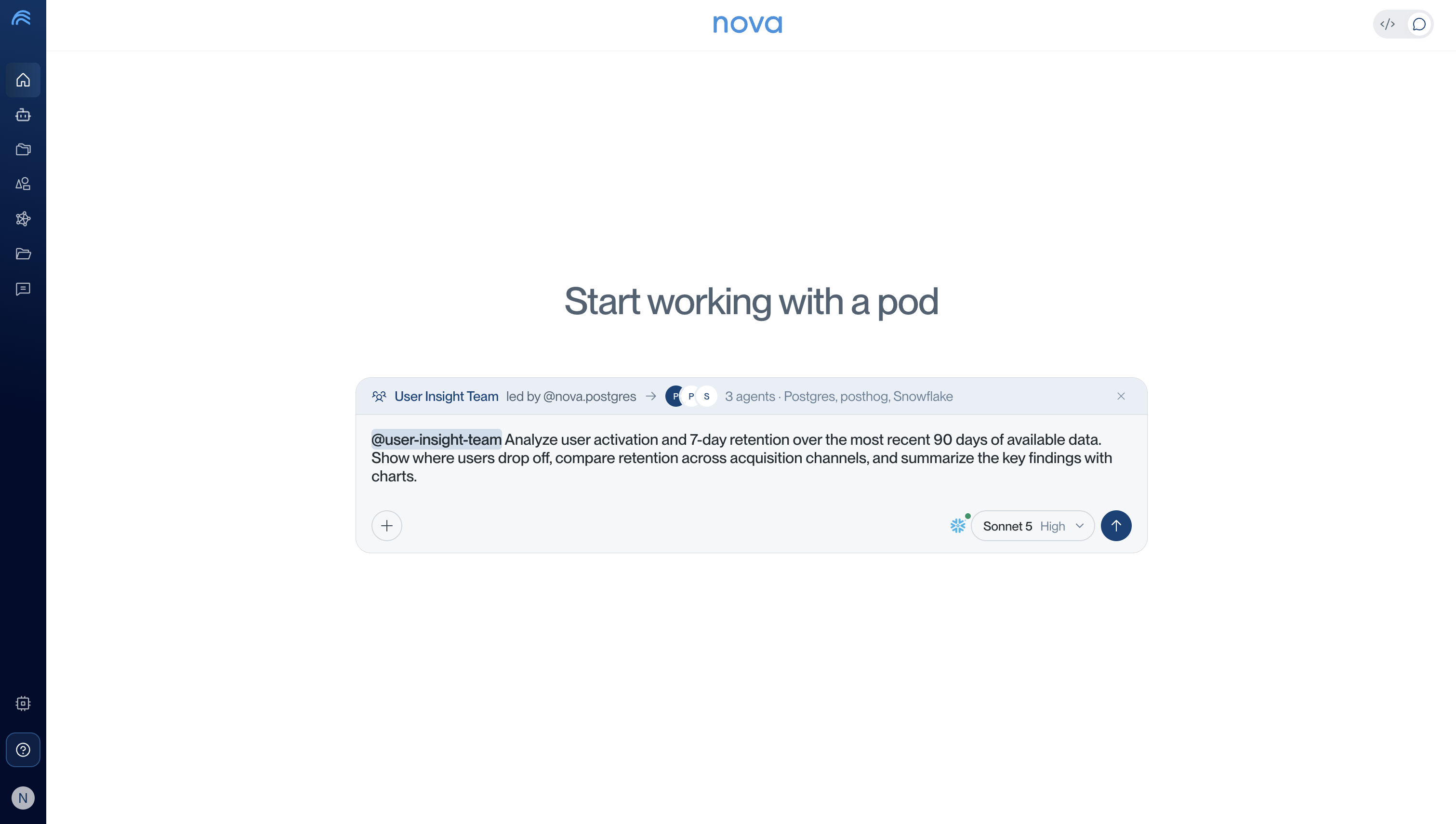 Nova chat with a team selected and a request ready to send