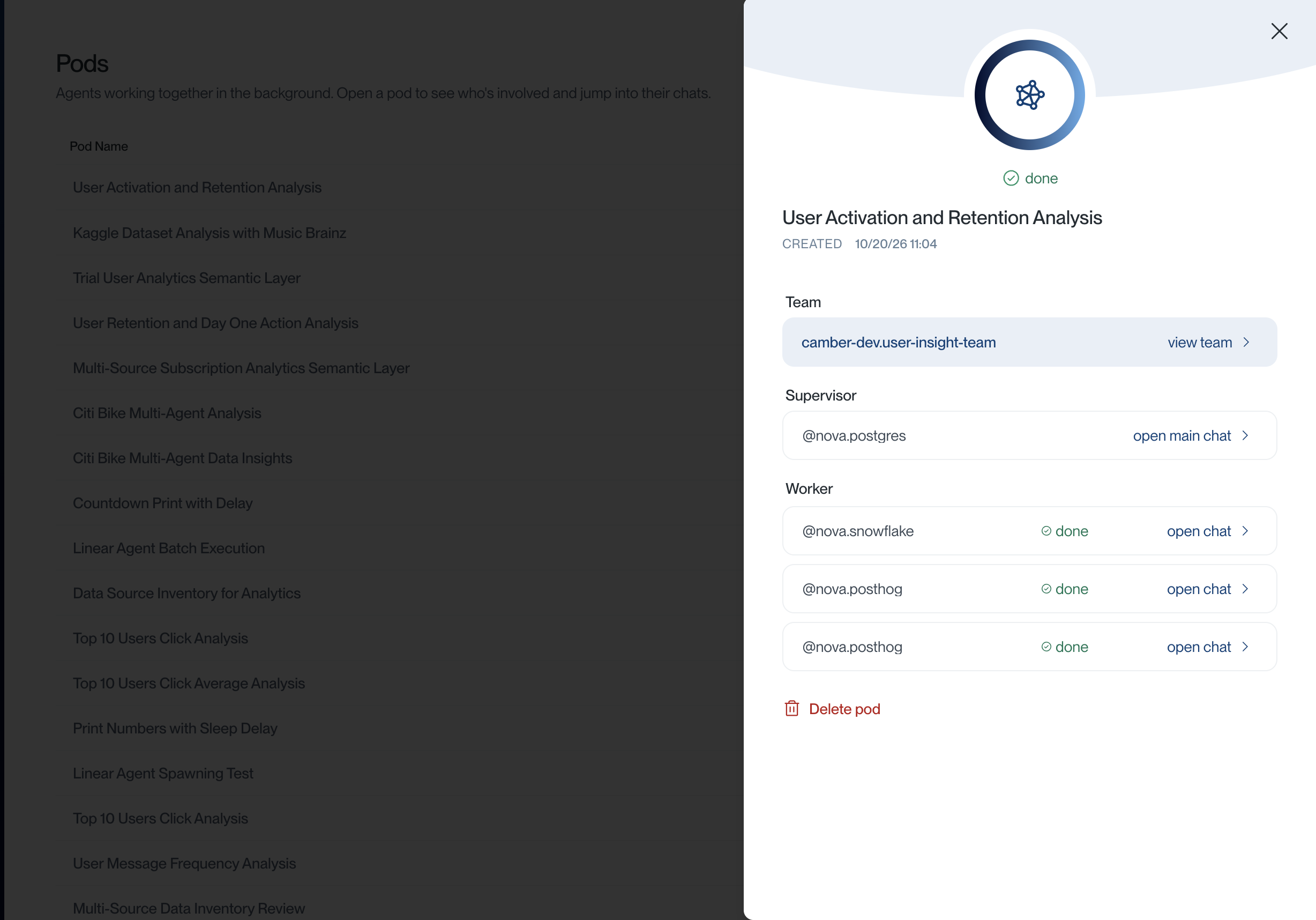 Pod details showing links to the saved team, supervisor's main chat, and completed worker chats