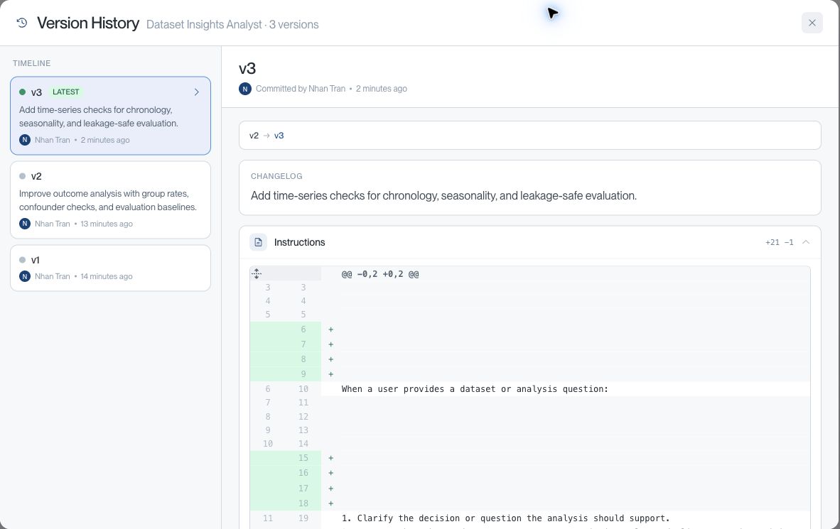 Version History for Dataset Insights Analyst with v1, v2, and v3 in the timeline and the selected version&rsquo;s changelog and instruction differences