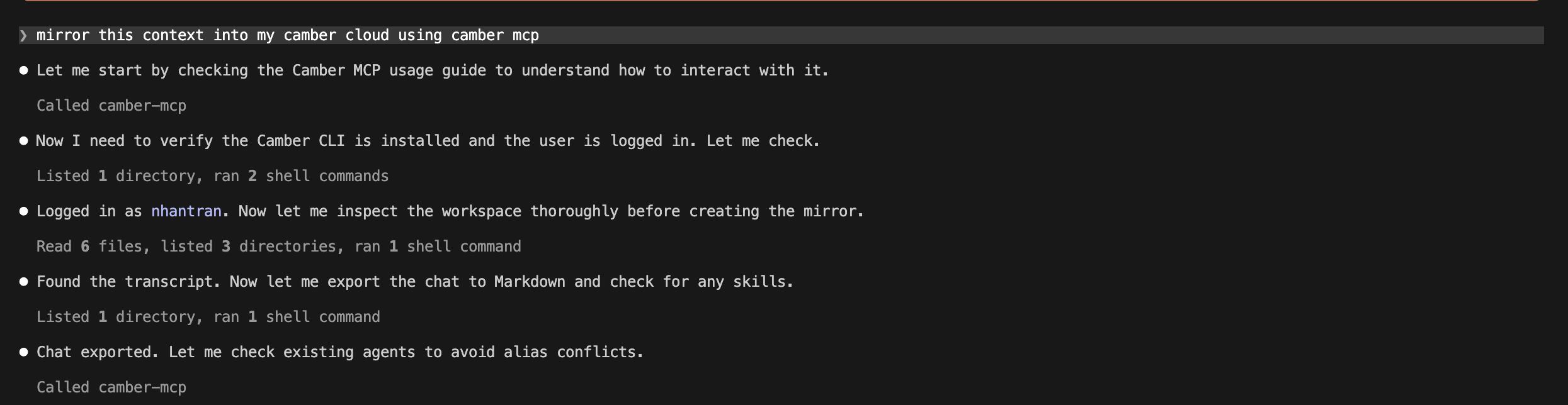Claude Code preparing Context Mirror from a local training project