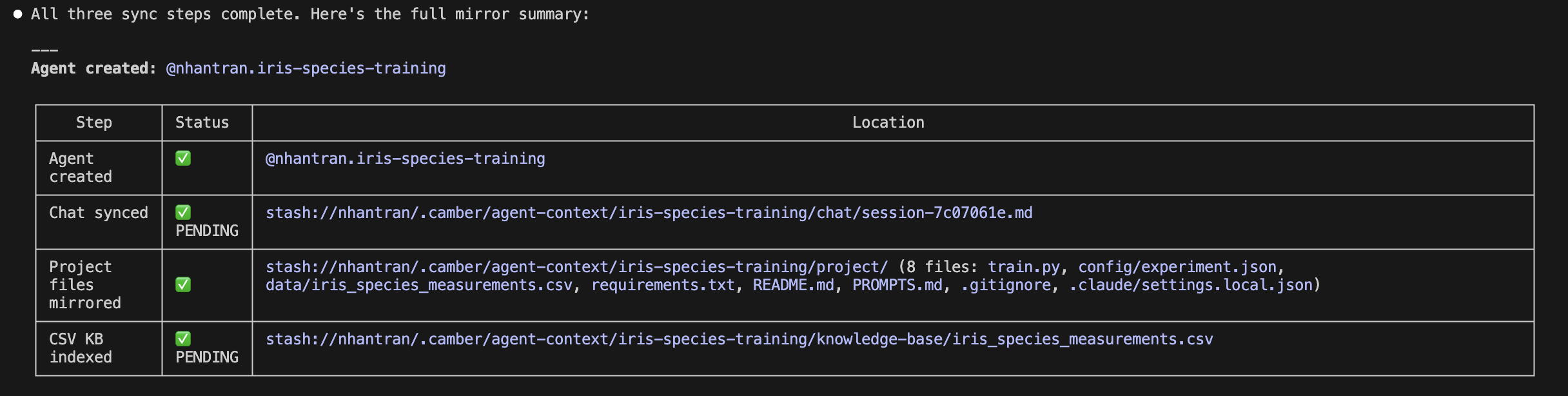Claude Code completing Context Mirror setup for a cloud training workflow